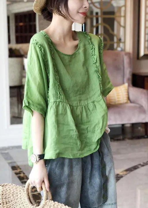 Italian Green O-neck Ruffled Patchwork Linen Tops Short Sleeve