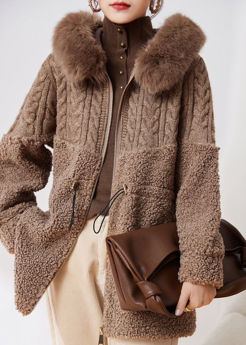 New Coffee Knitted Patchwork Faux Fur Thick Hooded Coats Winter