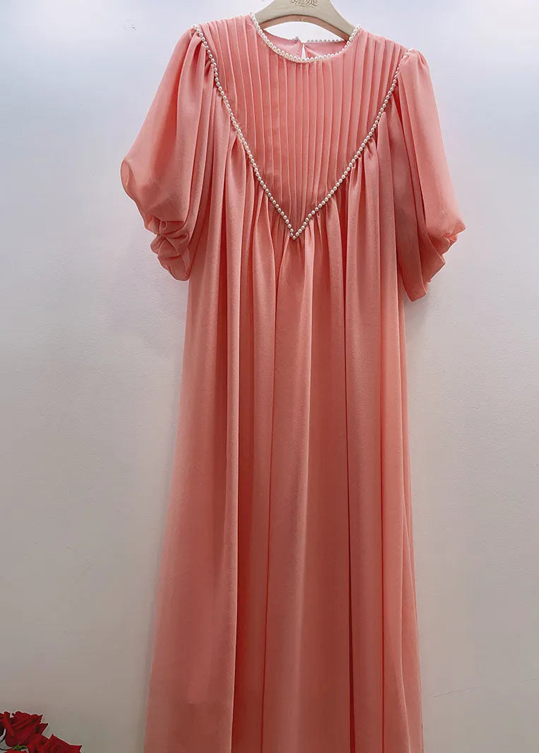 Pink O-neck Wrinkled Nail Bead Long Traveling Dresses Spring