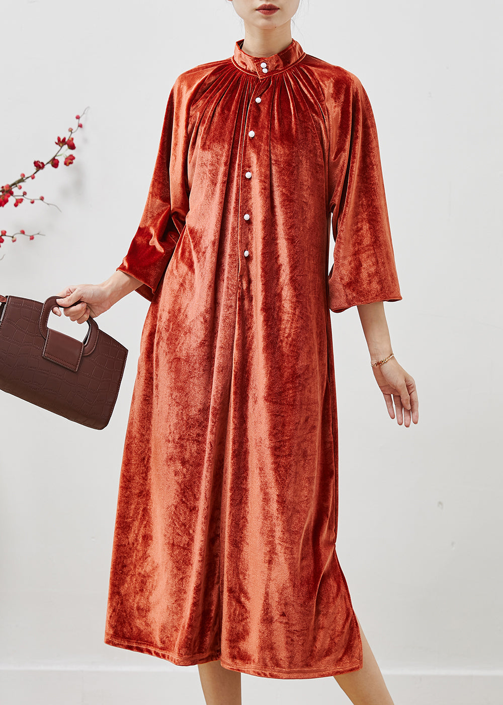 French Orange Stand Collar Silk Velour Long Dresses Fall