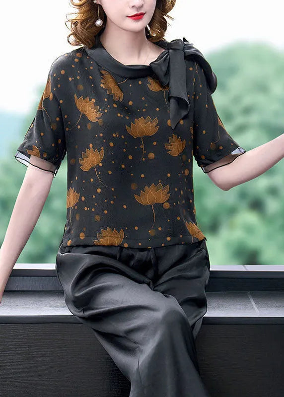 Black Bow Collar Patchwork Print Silk Shirt Short Sleeve