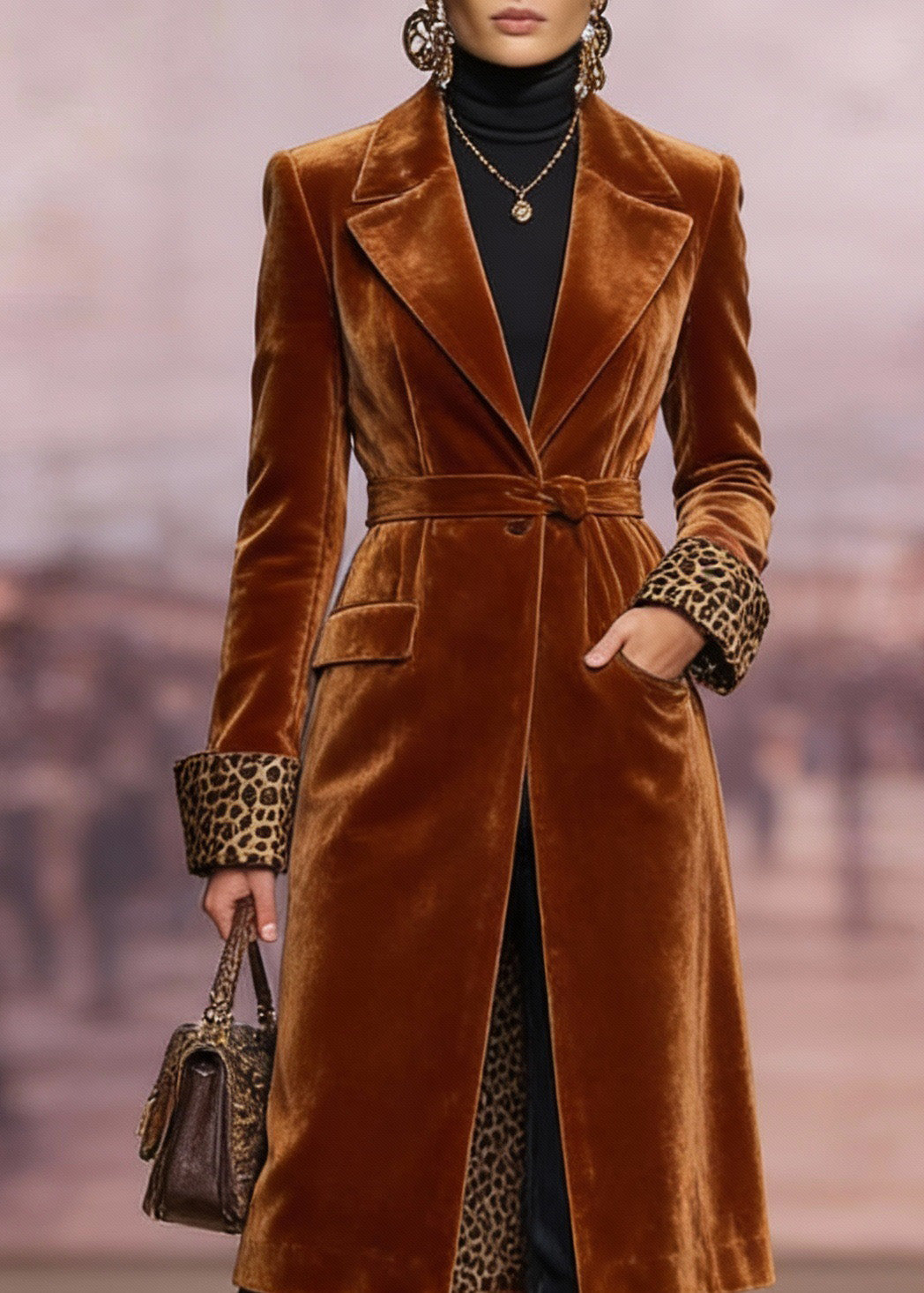 Brown Peter Pan Collar Pockets Velvet Trench Spring