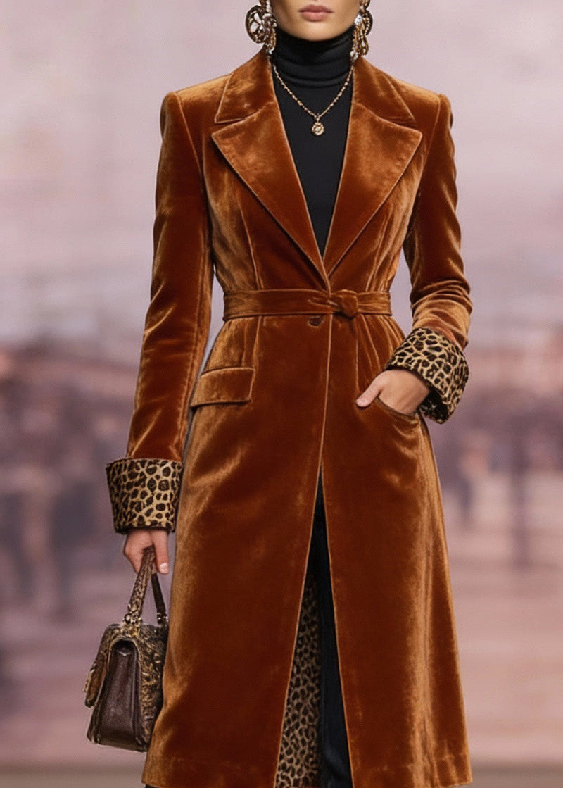 Brown Peter Pan Collar Pockets Velvet Trench Spring