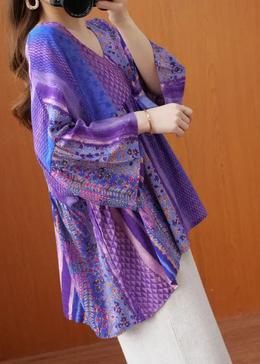 Organic Purple Flare Sleeve V Neck Patchwork Print Fall Top