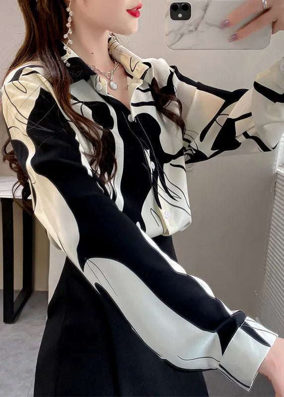 White Peter Pan Collar Print Button Chiffon Shirt Long Sleeve