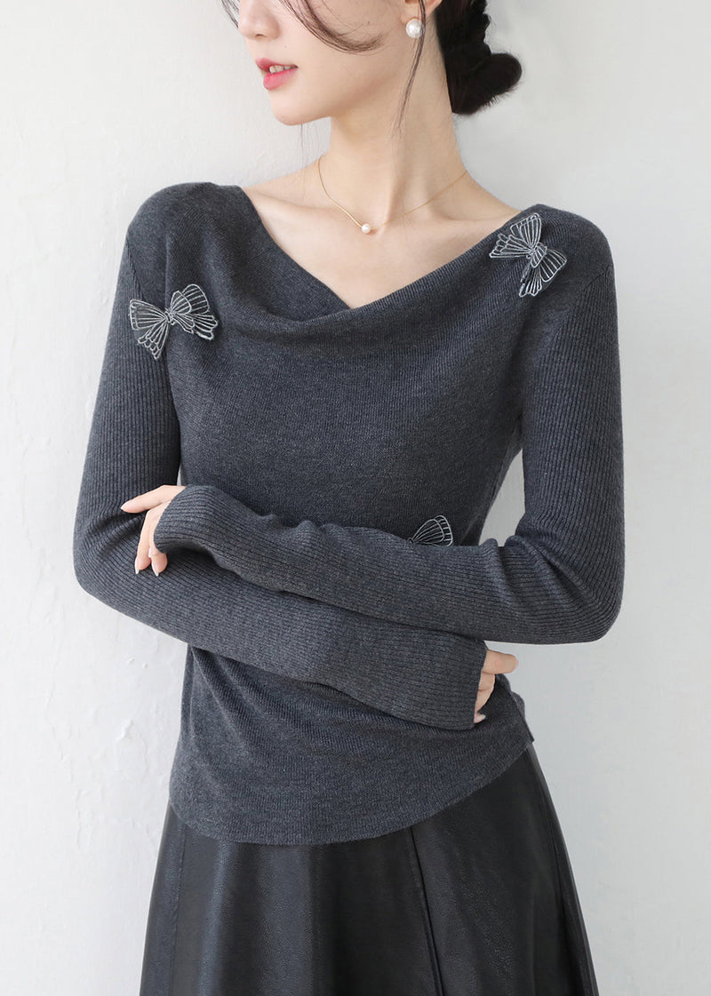 Original Design Grey Slash Neck Butterfly Knit Top Spring