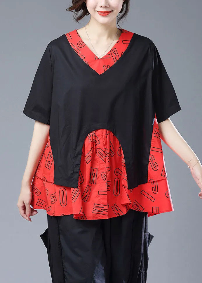 Red Asymmetrical Print Patchwork Cotton T Shirt Top Summer