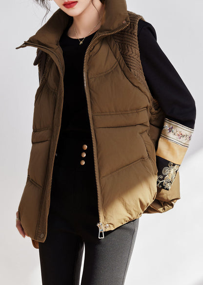 Khaki Peter Pan Collar Zippered Warm Fine Cotton Filled Waistcoat Sleeveless