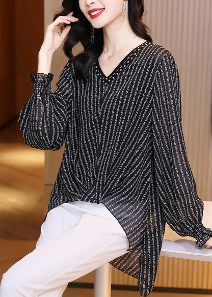Black V Neck Low High Design Letter Striped Chiffon Top Long Sleeve