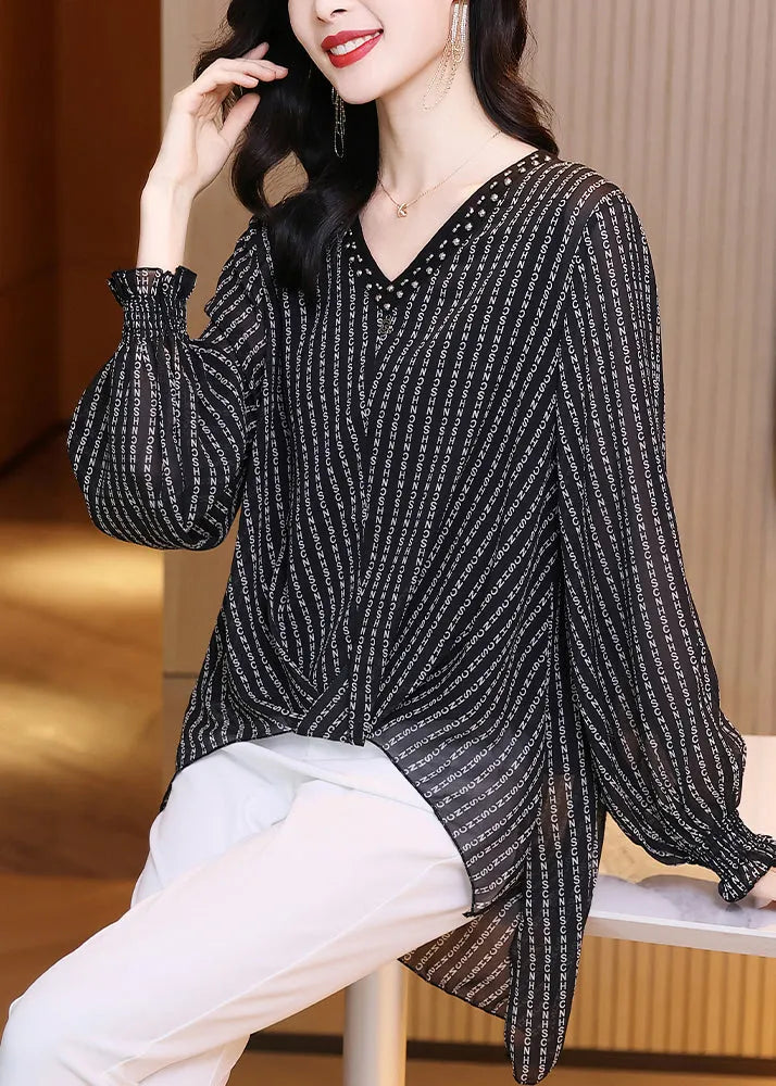 Black V Neck Low High Design Letter Striped Chiffon Top Long Sleeve