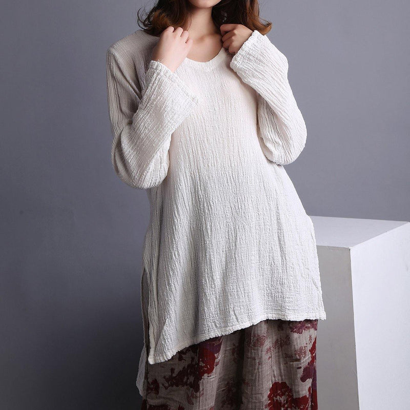 White U Neck Low High Design Linen Shirt Spring
