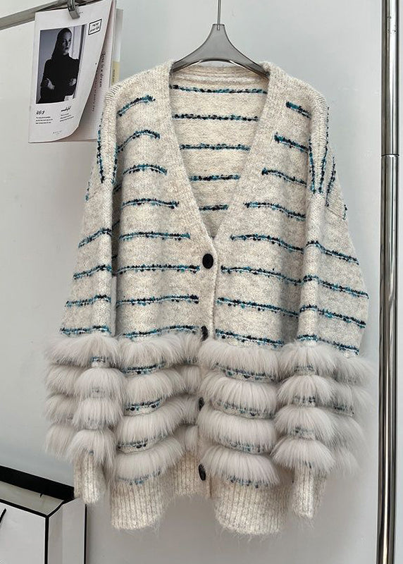 Beige Button Fluffy Patchwork Spring Knit Cardigan V Neck