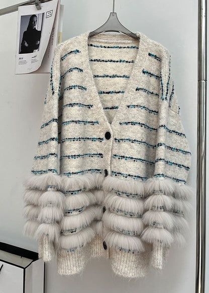 Beige Button Fluffy Patchwork Spring Knit Cardigan V Neck