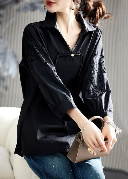 Loose White Embroideried Hollow Out Cotton Shirt Spring