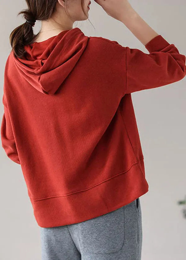 Brick Red Drawstring Hooded Print Cotton Sweatshirts Top Long Sleeve