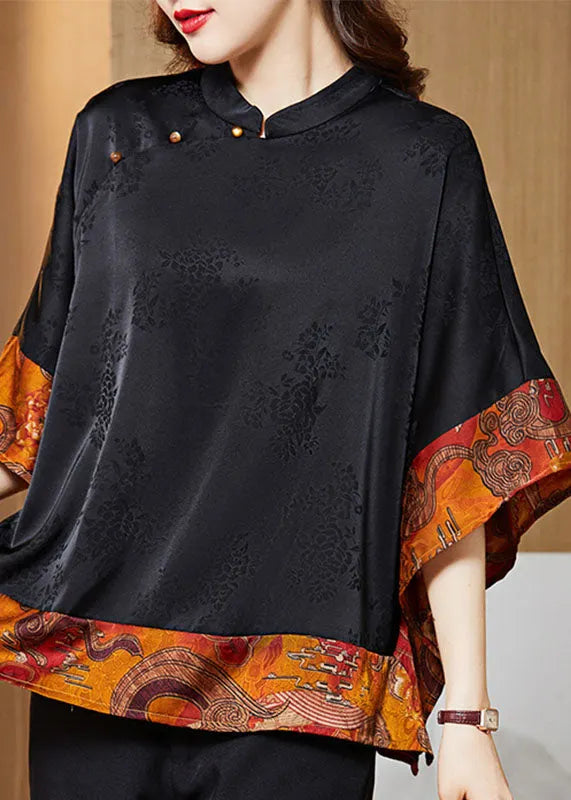Green Polka Dots Mandarin Collar Asymmetrical Patchwork Jacquard Silk Shirts Batwing Sleeve