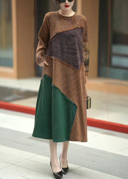 Coffee O Neck Patchwork Knit Long Dress Winter