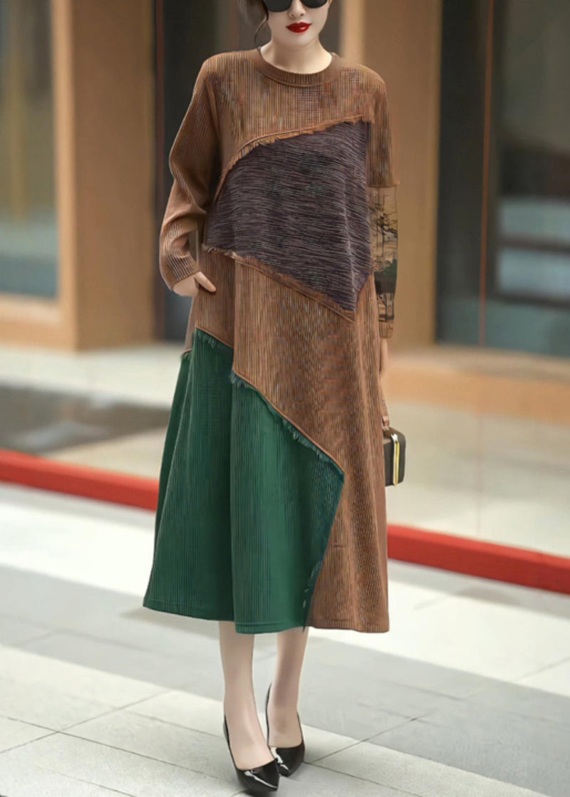 Coffee O Neck Patchwork Knit Long Dress Winter