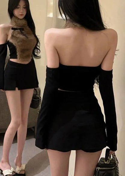 Coffee Bow Fur Hanging Neck Off Shoulder Short Top