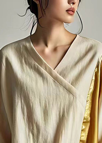 Beige V Neck Patchwork Linen Shirt Tops Summer