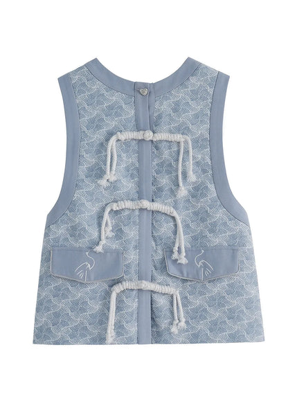 Royal Blue O-neck Print Button Waistcoat Spring