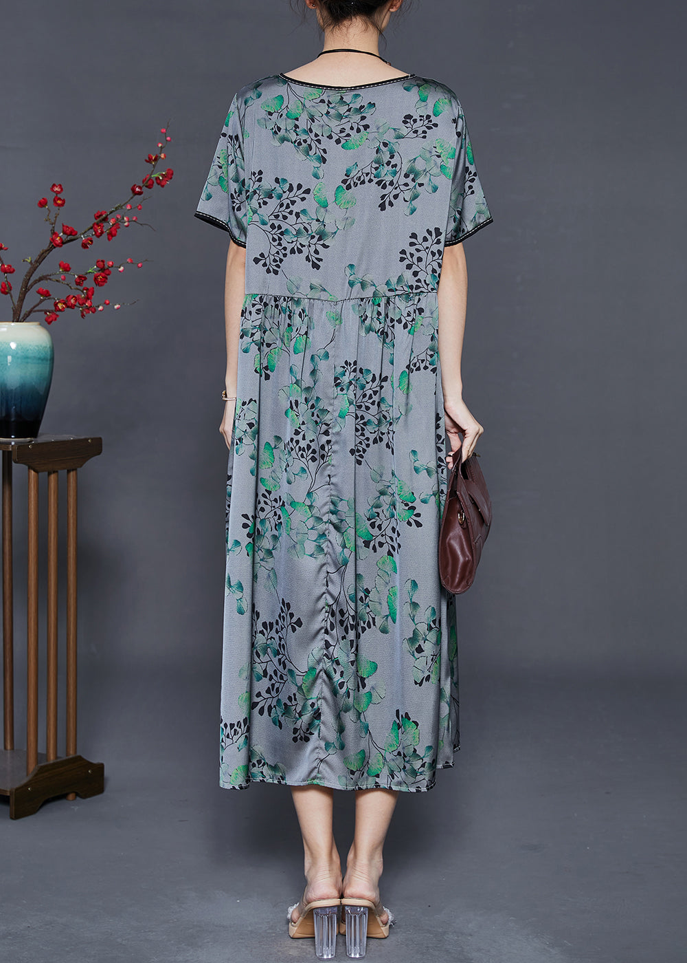 Grey Oversized Print Silk Long Dress Summer