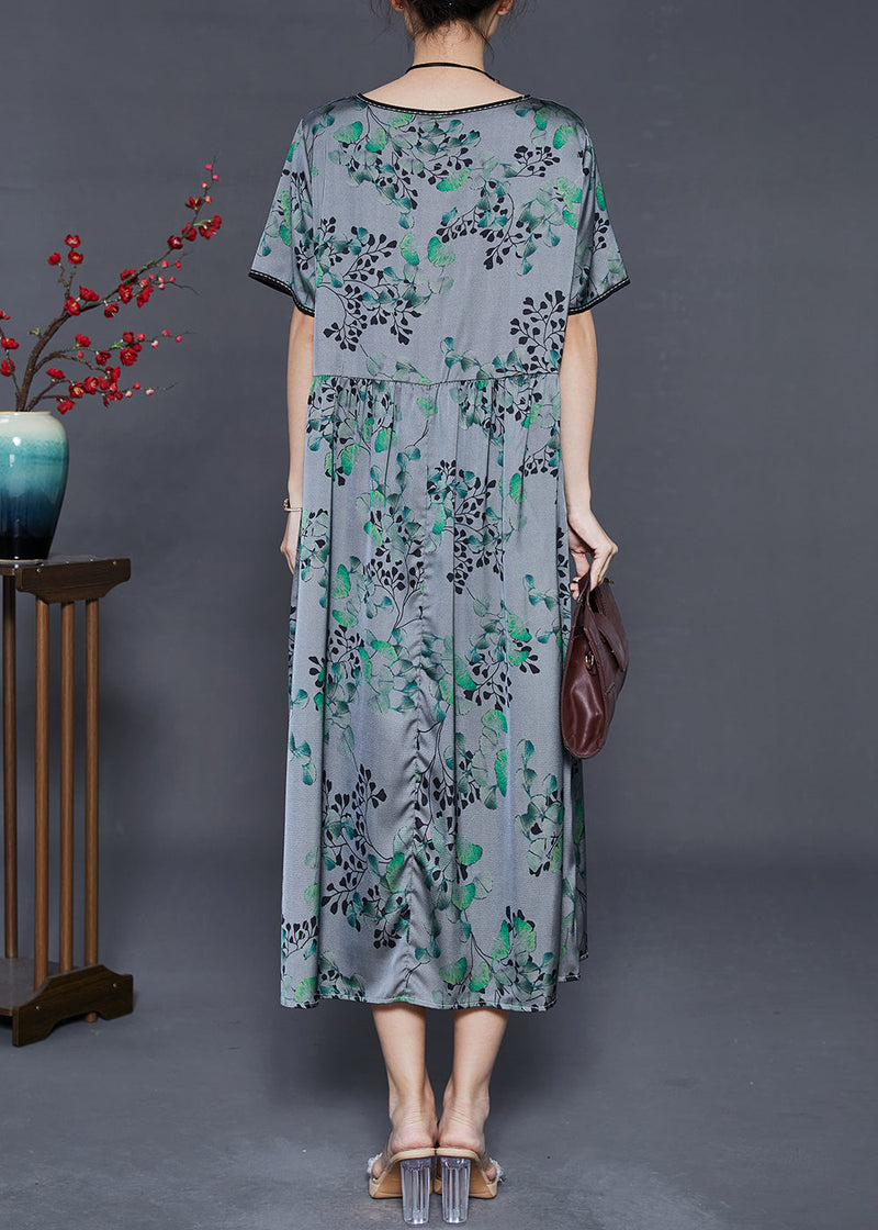 Grey Oversized Print Silk Long Dress Summer