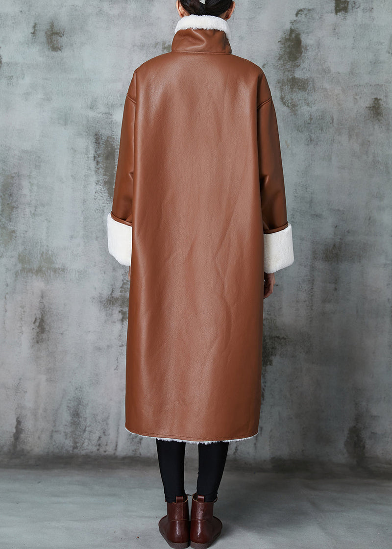 Italian Brown Oversized Warm Leather and Fur Trench Coats Spring