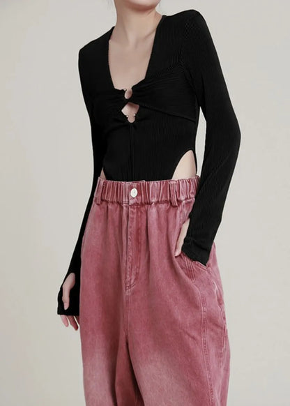 Black U Neck Hollow Out Knit Jumpsuit Long Sleeve