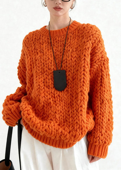 Orange Oversized Cable Knit Sweater Tops Winter