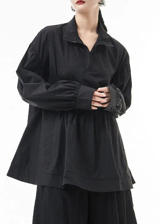 Black Wrinkled Zip Up Shirt Tops Lantern Sleeve