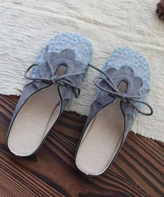 Splicing Grey Lace Breathable Mesh Lace Up Slide Sandals