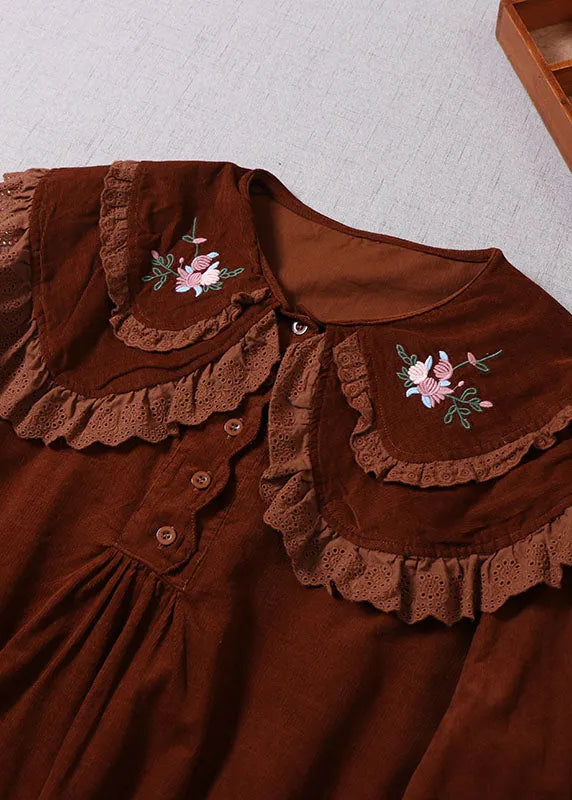 Diy Chocolate Embroideried Button Corduroy Blouses Spring