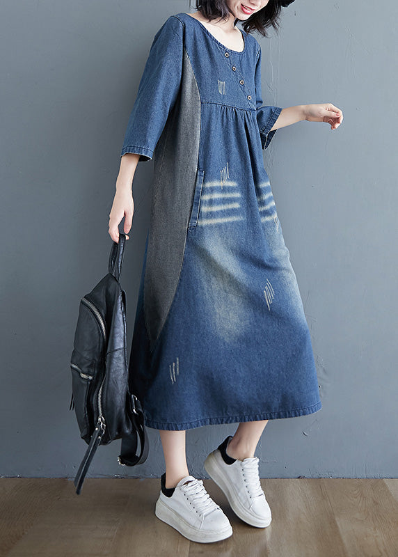 Simple Blue O-neck Patchwork Wrinkled Denim Long Dress Spring