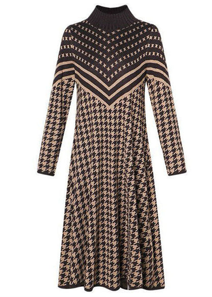 Camel High Neck Print Long Knit Dress Long Sleeve