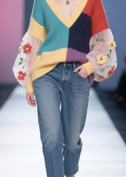 Colorblock Tulle Patchwork Knit Pullover Fall