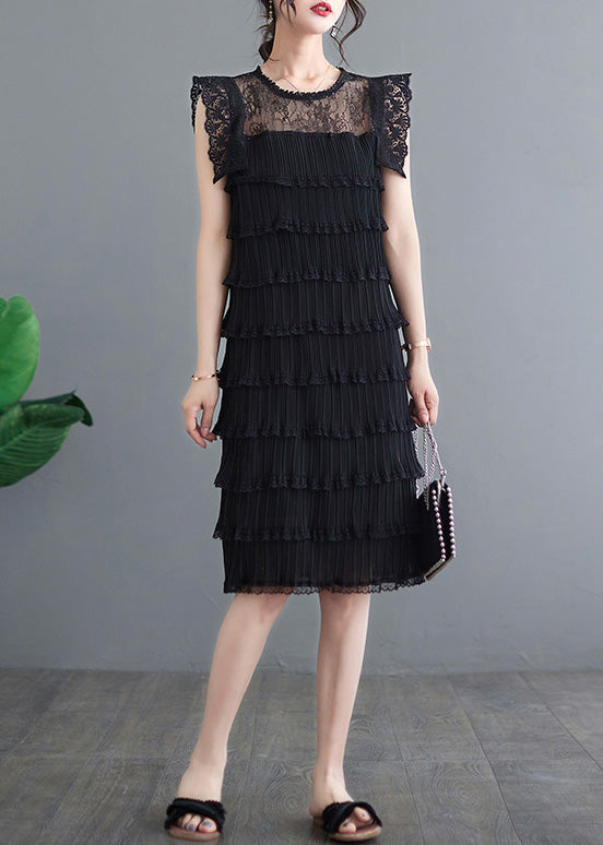 Black O-neck Tulle Patchwork Vacation Long Layered Dresses Summer