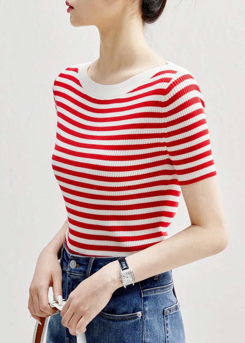 Slim Fit Red Striped O-neck Silk Knit T Shirts Sleeve