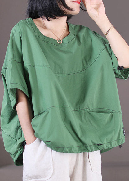 Green Pockets Cotton Tank Tops O-neck Drawstring Short Sleeve