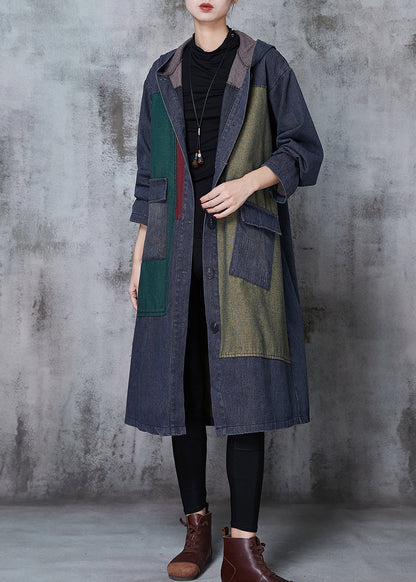 Navy Oversized Patchwork Denim Trench Coats Spring