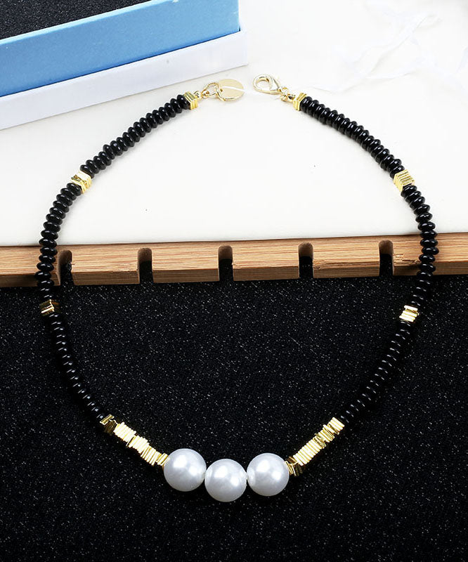 Black Alloy Pearl Beading Gratuated Bead Necklace