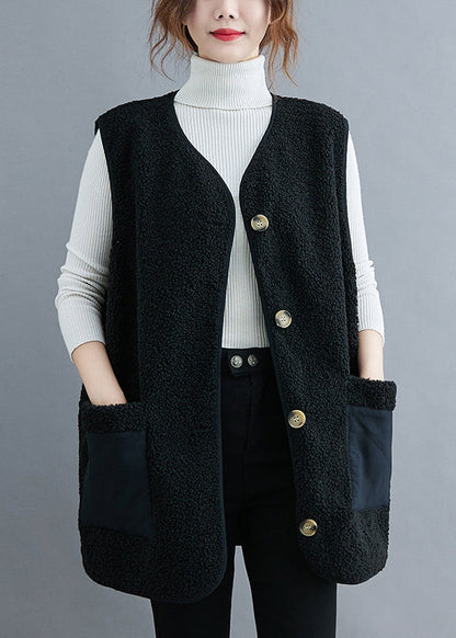 Black V Neck Patchwork Teddy Faux Fur Waistcoat Fall