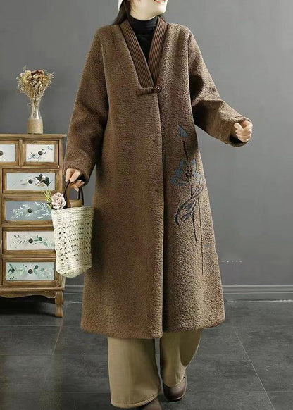 Chocolate Embroideried Chinese Button Faux Fur Coats Winter