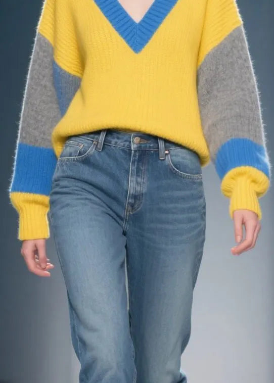 Mixed Color Patchwork Thcik Sweaters V Neck Winter