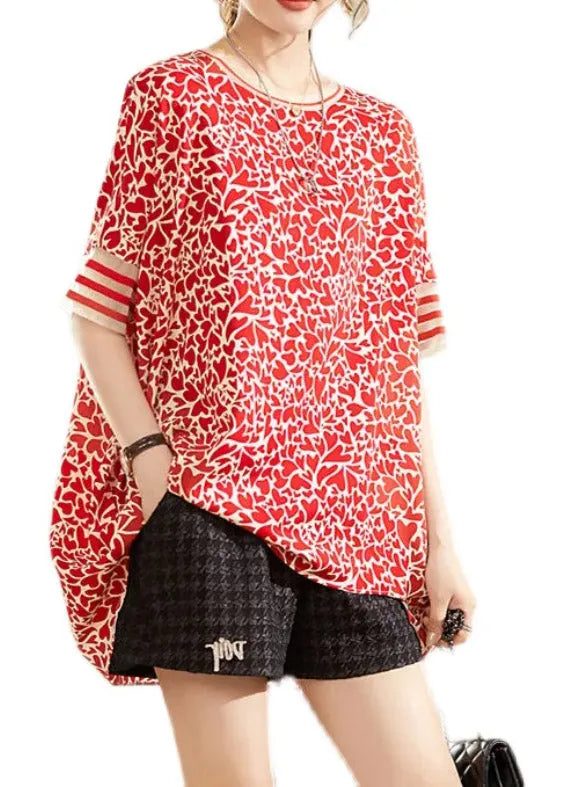 Modern Red O-neck Print Low High Design Chiffon Tops Short Sleeve