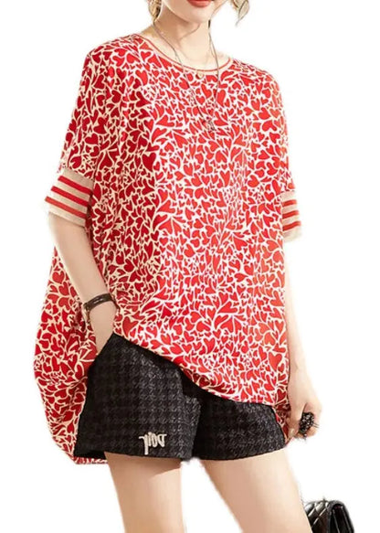 Modern Red O-neck Print Low High Design Chiffon Tops Short Sleeve