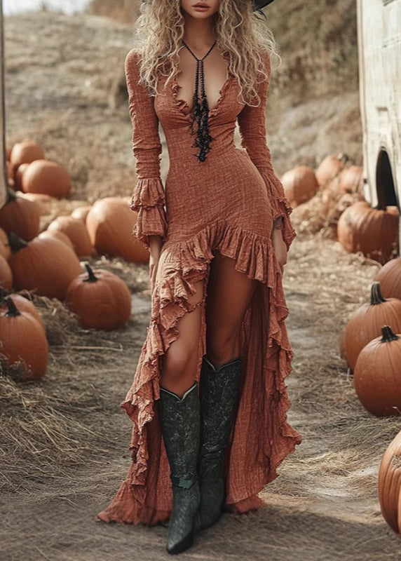 Brick Red Ruffled Low High Design Patchwork Cotton Maxi Dresses Spring