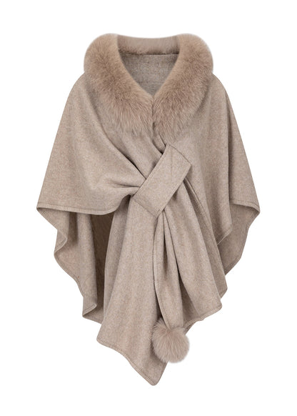 New Brown Fox Fur Grass Shawl Woolen Coat Cloak Bat Sleeve