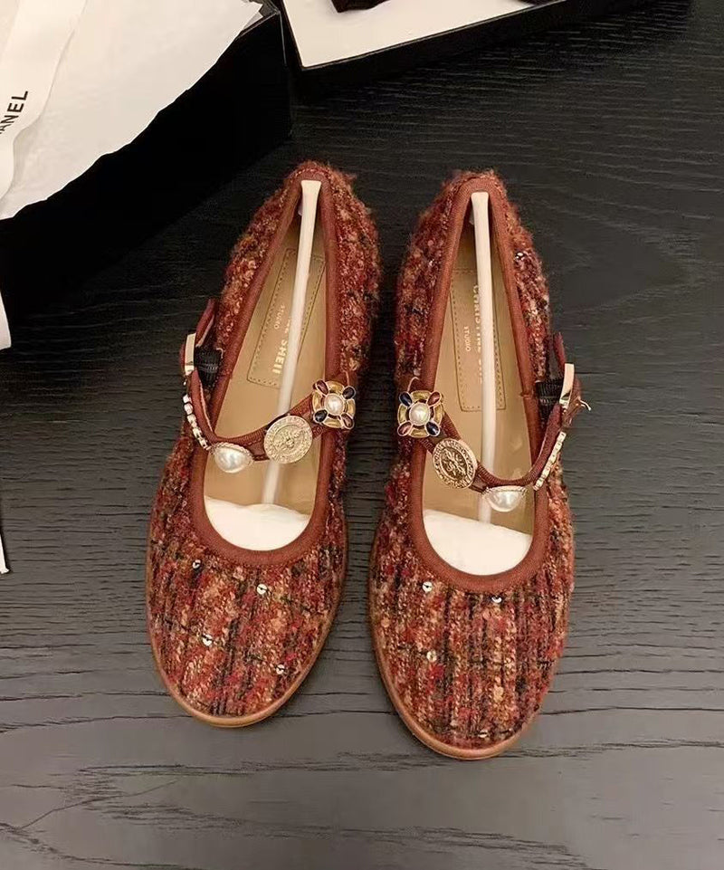 Black Woolen Splicing Flat Shoes Buckle Strap