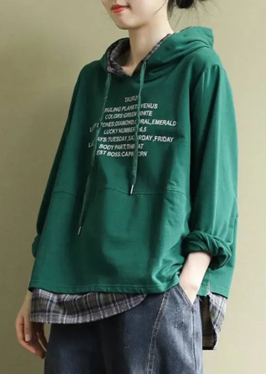Classy Green Hooded Drawstring Graphic Fake Two Piece Sweatshirts Top Spring